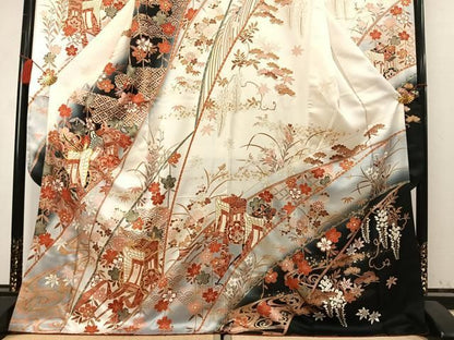 平和屋着物●豪華振袖　駒刺繍　御所車花文　暈し染め　金彩　正絹　逸品　AABN3744fy