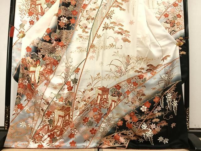 平和屋着物●豪華振袖　駒刺繍　御所車花文　暈し染め　金彩　正絹　逸品　AABN3744fy