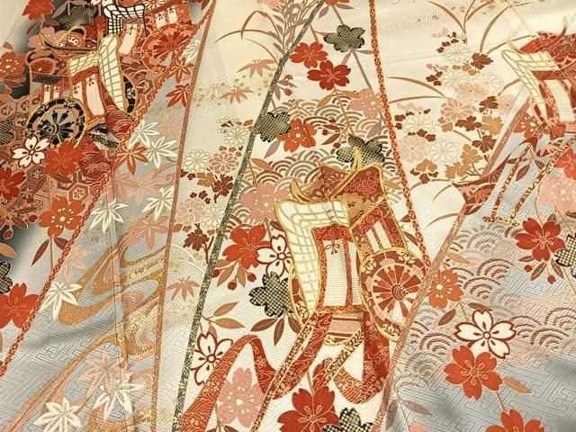 平和屋着物●豪華振袖　駒刺繍　御所車花文　暈し染め　金彩　正絹　逸品　AABN3744fy