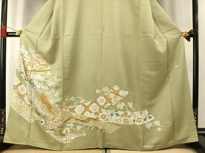 平和屋着物●豪華色留袖　作家物　駒刺繍　扇面花文　金彩　正絹　逸品　AABN3762fy