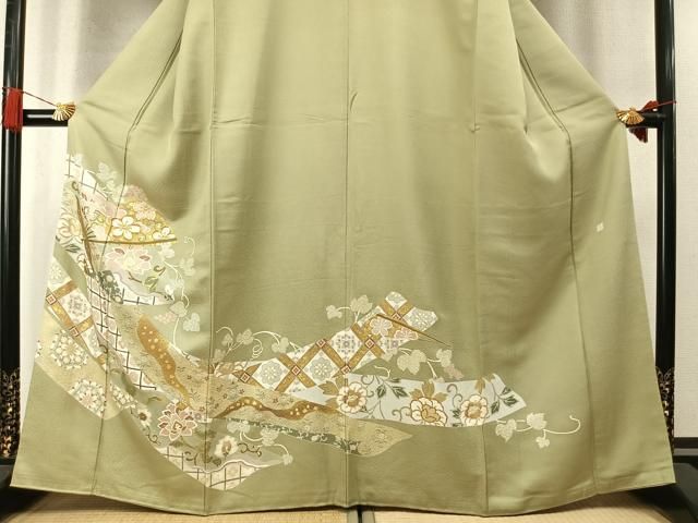 平和屋着物●豪華色留袖　作家物　駒刺繍　扇面花文　金彩　正絹　逸品　AABN3762fy