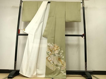 平和屋着物●豪華色留袖　作家物　駒刺繍　扇面花文　金彩　正絹　逸品　AABN3762fy