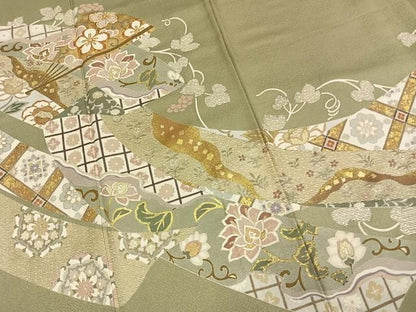 平和屋着物●豪華色留袖　作家物　駒刺繍　扇面花文　金彩　正絹　逸品　AABN3762fy