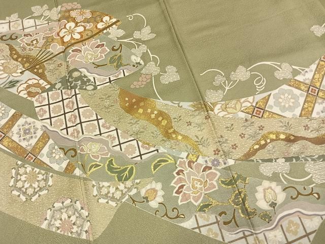 平和屋着物●豪華色留袖　作家物　駒刺繍　扇面花文　金彩　正絹　逸品　AABN3762fy