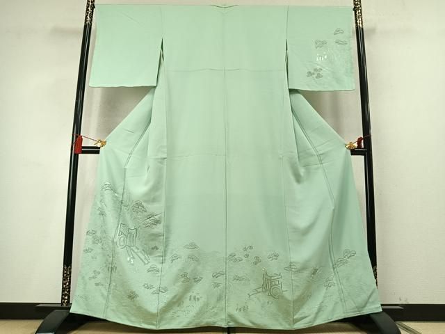 平和屋着物●中国三大刺繍　スワトウ刺繍　汕頭刺繍　総刺繍　訪問着　松竹梅　御所車人物文　金糸　正絹　逸品　未使用　AABN3767fy
