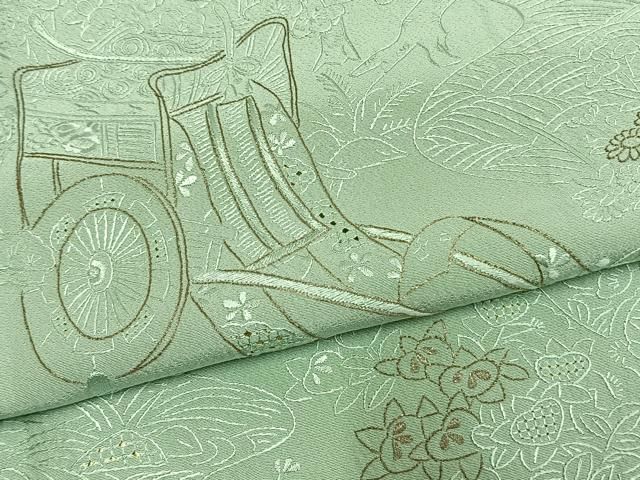 平和屋着物●中国三大刺繍　スワトウ刺繍　汕頭刺繍　総刺繍　訪問着　松竹梅　御所車人物文　金糸　正絹　逸品　未使用　AABN3767fy