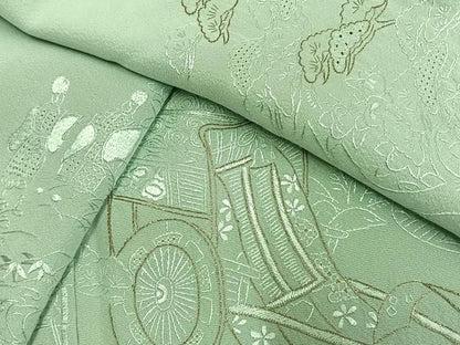 平和屋着物●中国三大刺繍　スワトウ刺繍　汕頭刺繍　総刺繍　訪問着　松竹梅　御所車人物文　金糸　正絹　逸品　未使用　AABN3767fy