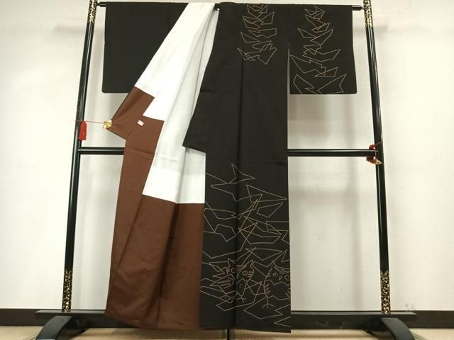 平和屋着物●訪問着　本場大島紬　梟　黒地　正絹　逸品　AABN3788fy