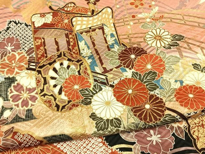 平和屋着物●豪華振袖　駒刺繍　御所車花鳥文　暈し染め　金彩　正絹　逸品　AABN3813fy