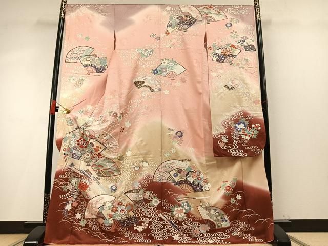 平和屋着物●豪華振袖　扇面花文　暈し染め　金銀彩　正絹　逸品　AABN3828fy