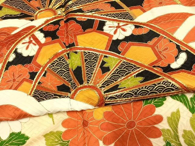 平和屋着物●豪華振袖　駒刺繍　源氏車花文　正絹　逸品　AABN3843fy