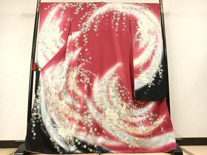 平和屋着物●豪華振袖　花鳥文　暈し染め　銀彩　正絹　逸品　AABN3844fy