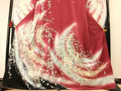 平和屋着物●豪華振袖　花鳥文　暈し染め　銀彩　正絹　逸品　AABN3844fy
