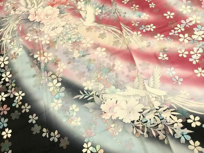 平和屋着物●豪華振袖　花鳥文　暈し染め　銀彩　正絹　逸品　AABN3844fy