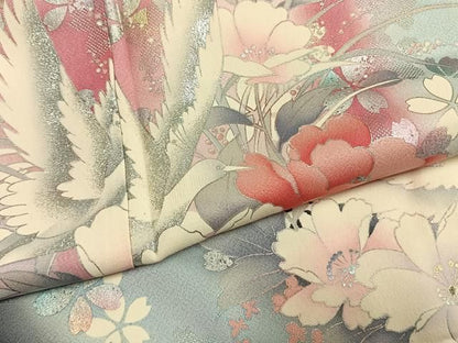 平和屋着物●豪華振袖　花鳥文　暈し染め　銀彩　正絹　逸品　AABN3844fy