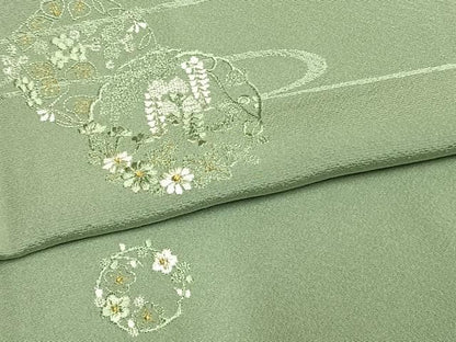 平和屋着物●訪問着　総刺繍　草花文　金糸　正絹　逸品　AABN3848fy