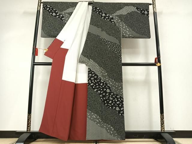 平和屋着物●訪問着　作家物　御所車扇面楽器花文　黒地　正絹　逸品　AABN3849fy