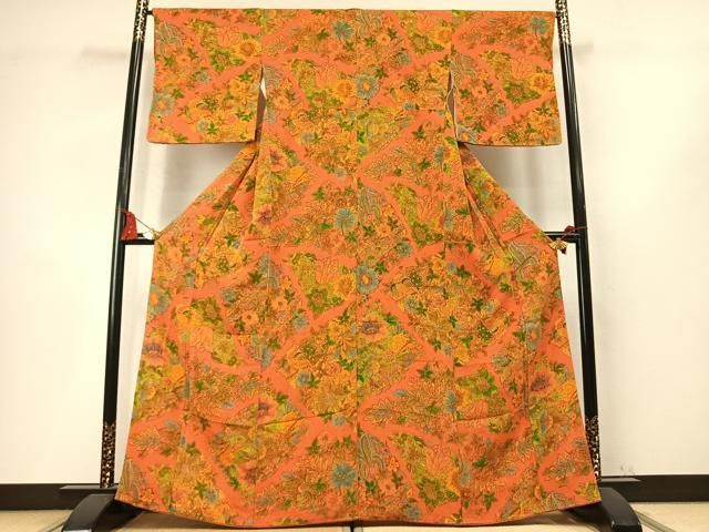 平和屋着物●上質な小紋　孔雀花文　鬼しぼ縮緬　正絹　逸品　AABN3909fy