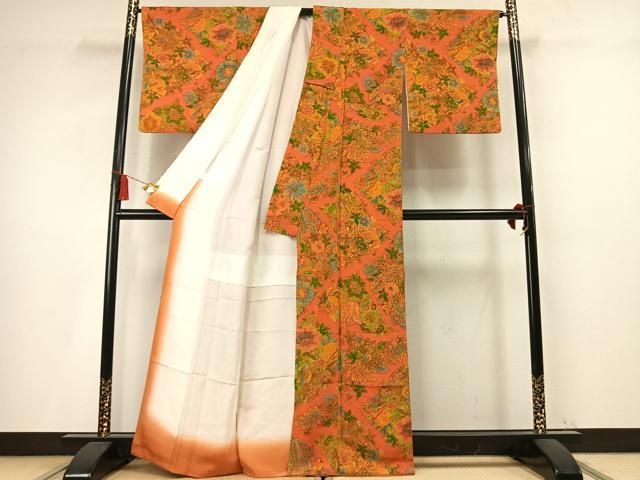 平和屋着物●上質な小紋　孔雀花文　鬼しぼ縮緬　正絹　逸品　AABN3909fy