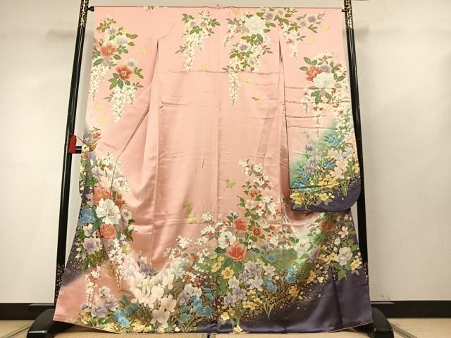 平和屋着物●豪華振袖　駒刺繍　花蝶文　暈し染め　金彩　正絹　逸品　AABN3953fy