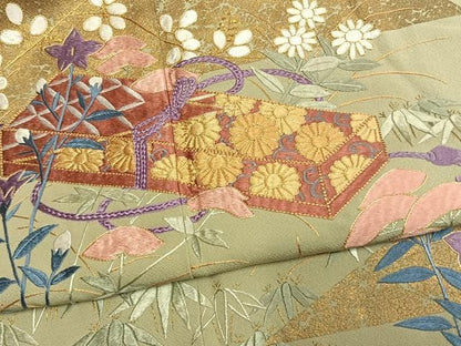 平和屋着物●豪華色留袖　総刺繍　駒刺繍　文箱花文　金糸　金彩　正絹　逸品　AABN3969fy