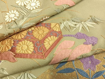 平和屋着物●豪華色留袖　総刺繍　駒刺繍　文箱花文　金糸　金彩　正絹　逸品　AABN3969fy