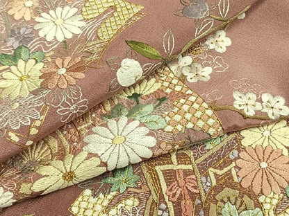 平和屋着物●訪問着　総刺繍　御所車冊子花文　暈し染め　金糸　仮絵羽　正絹　逸品　未使用　AABN4037fy