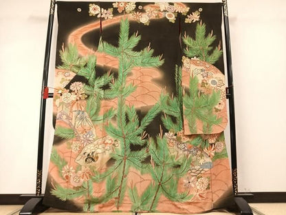 平和屋本店●アンティーク　大正ロマン　振袖　駒刺繍　松竹梅　暈し染め　黒地　金彩　正絹　逸品　AABN4043fy