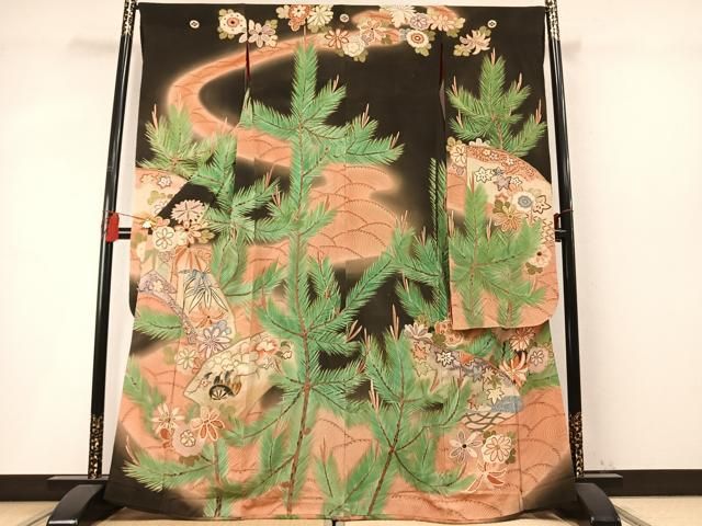 平和屋本店●アンティーク　大正ロマン　振袖　駒刺繍　松竹梅　暈し染め　黒地　金彩　正絹　逸品　AABN4043fy