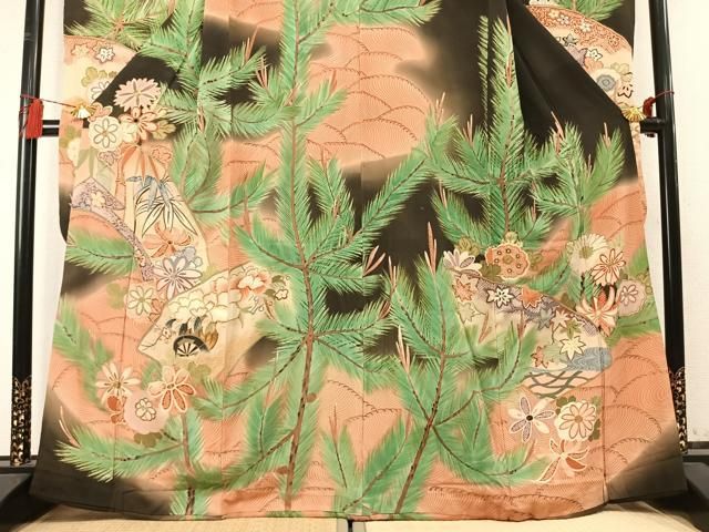 平和屋本店●アンティーク　大正ロマン　振袖　駒刺繍　松竹梅　暈し染め　黒地　金彩　正絹　逸品　AABN4043fy