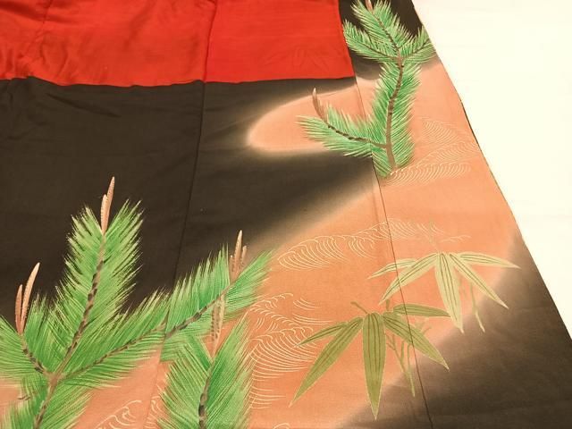 平和屋本店●アンティーク　大正ロマン　振袖　駒刺繍　松竹梅　暈し染め　黒地　金彩　正絹　逸品　AABN4043fy