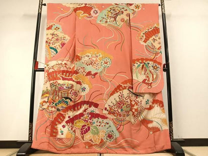平和屋本店●アンティーク　大正ロマン　振袖　駒刺繍　御所車扇面松花文　金銀彩　正絹　逸品　AABN4044fy