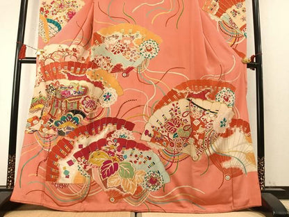 平和屋本店●アンティーク　大正ロマン　振袖　駒刺繍　御所車扇面松花文　金銀彩　正絹　逸品　AABN4044fy