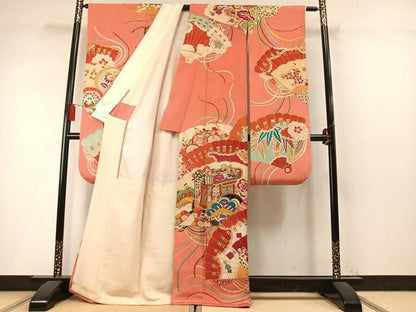 平和屋本店●アンティーク　大正ロマン　振袖　駒刺繍　御所車扇面松花文　金銀彩　正絹　逸品　AABN4044fy