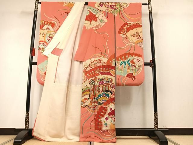 平和屋本店●アンティーク　大正ロマン　振袖　駒刺繍　御所車扇面松花文　金銀彩　正絹　逸品　AABN4044fy
