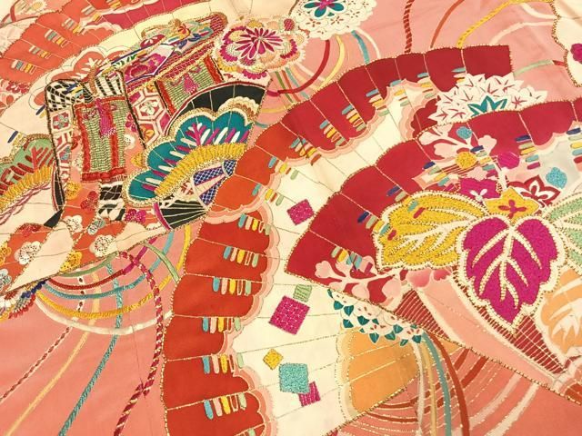 平和屋本店●アンティーク　大正ロマン　振袖　駒刺繍　御所車扇面松花文　金銀彩　正絹　逸品　AABN4044fy