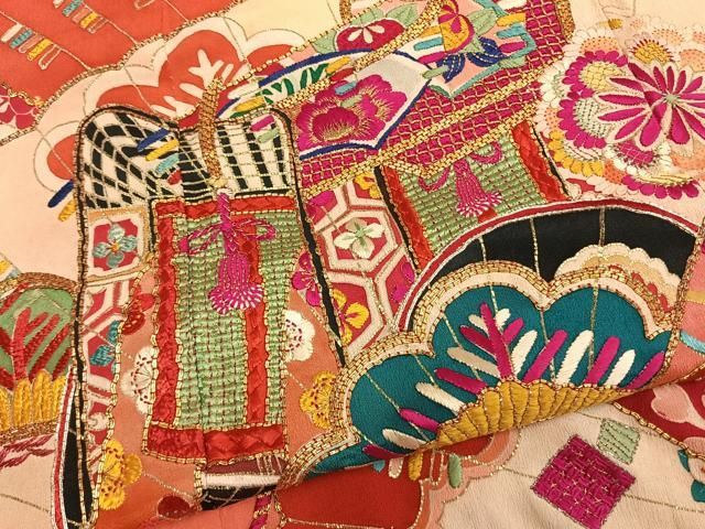 平和屋本店●アンティーク　大正ロマン　振袖　駒刺繍　御所車扇面松花文　金銀彩　正絹　逸品　AABN4044fy