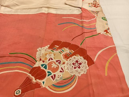 平和屋本店●アンティーク　大正ロマン　振袖　駒刺繍　御所車扇面松花文　金銀彩　正絹　逸品　AABN4044fy