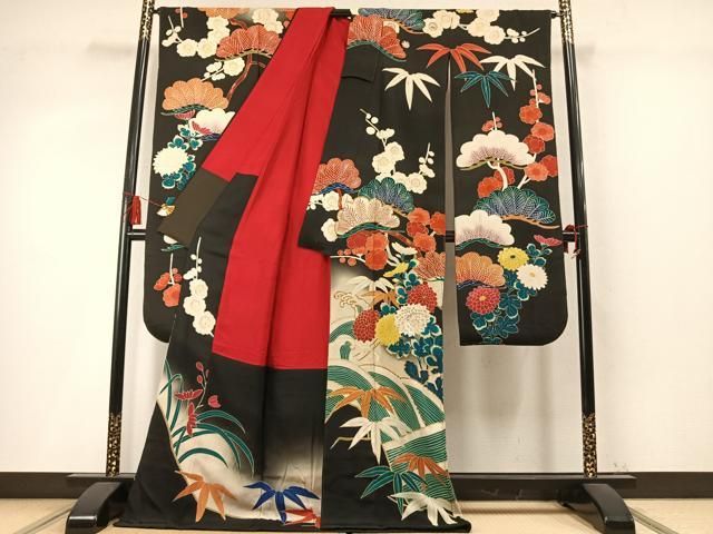 平和屋本店●アンティーク　大正ロマン　振袖　駒刺繍　松竹梅　暈し染め　黒地　金銀糸　金彩　正絹　逸品　AABN4045fy