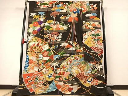 平和屋本店●アンティーク　大正ロマン　振袖　駒刺繍　扇面花文　暈し染め　黒地　金銀糸　金彩　正絹　逸品　AABN4046fy