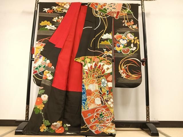 平和屋本店●アンティーク　大正ロマン　振袖　駒刺繍　扇面花文　暈し染め　黒地　金銀糸　金彩　正絹　逸品　AABN4046fy