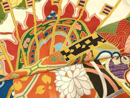 平和屋本店●アンティーク　大正ロマン　振袖　駒刺繍　扇面花文　暈し染め　黒地　金銀糸　金彩　正絹　逸品　AABN4046fy