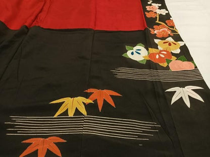 平和屋本店●アンティーク　大正ロマン　振袖　駒刺繍　扇面花文　暈し染め　黒地　金銀糸　金彩　正絹　逸品　AABN4046fy