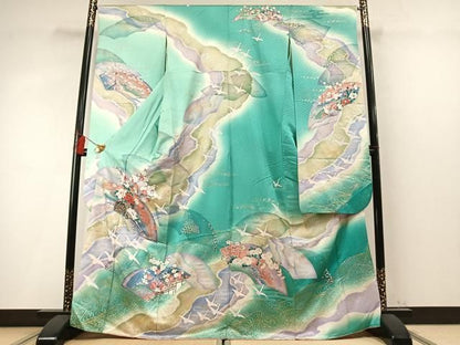 平和屋着物●豪華振袖　地紙片輪車花鳥文　暈し染め　金銀彩　正絹　逸品　AABN4049fy