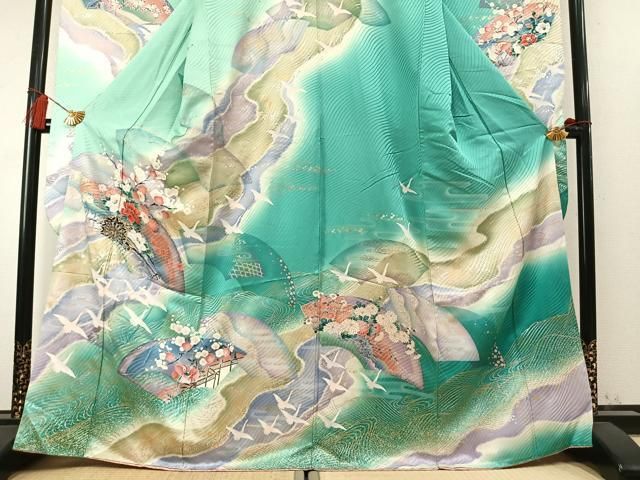 平和屋着物●豪華振袖　地紙片輪車花鳥文　暈し染め　金銀彩　正絹　逸品　AABN4049fy