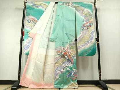 平和屋着物●豪華振袖　地紙片輪車花鳥文　暈し染め　金銀彩　正絹　逸品　AABN4049fy