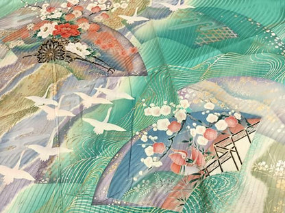 平和屋着物●豪華振袖　地紙片輪車花鳥文　暈し染め　金銀彩　正絹　逸品　AABN4049fy