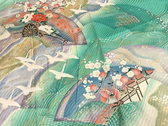 平和屋着物●豪華振袖　地紙片輪車花鳥文　暈し染め　金銀彩　正絹　逸品　AABN4049fy
