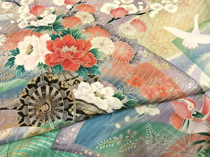 平和屋着物●豪華振袖　地紙片輪車花鳥文　暈し染め　金銀彩　正絹　逸品　AABN4049fy