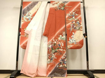 平和屋着物●豪華振袖　駒刺繍　片輪車花文　暈し染め　金彩　正絹　逸品　AABN4050fy